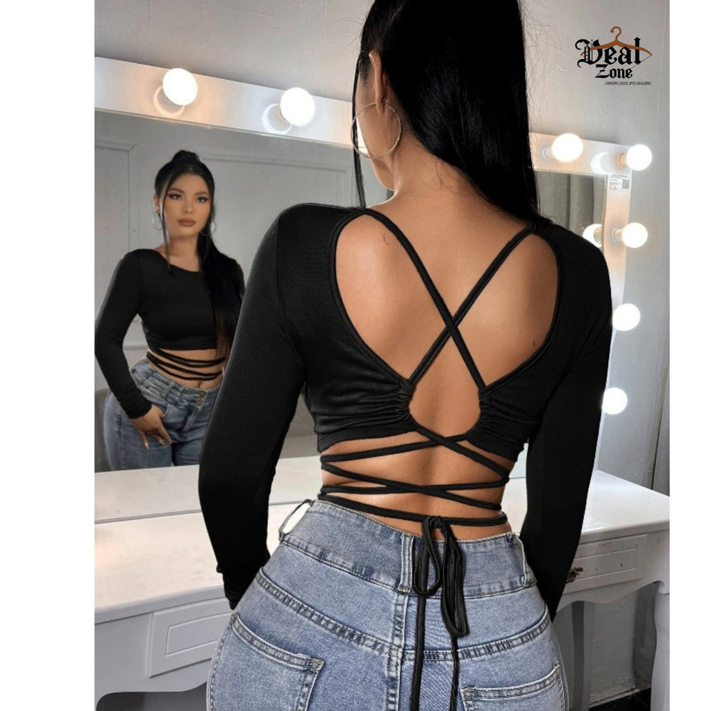 Backless Crisscross Long Sleeve Crop Top for Women – Elegant, Bold & Trendsetting Style