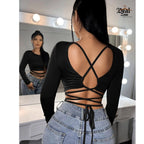 Backless Crisscross Long Sleeve Crop Top for Women – Elegant, Bold & Trendsetting Style