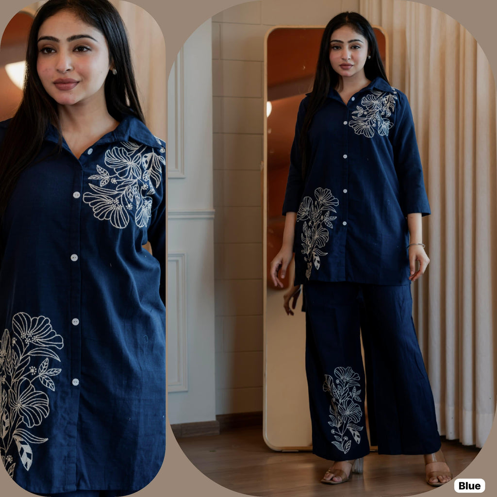 Elegant Floral Embroidered Cotton Slub Co-ord Set for Women | Stylish Daily & Office Wear