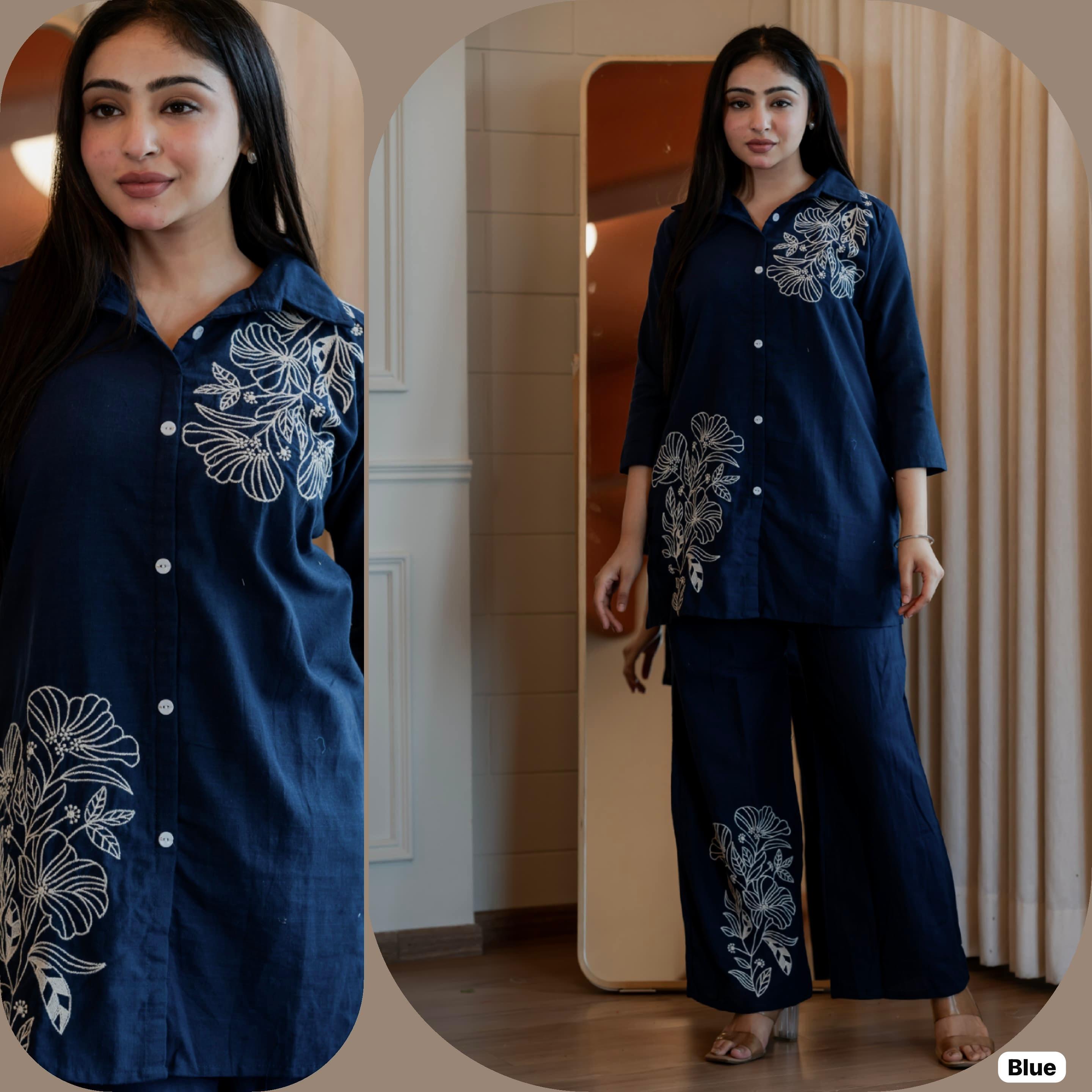 Elegant Floral Embroidered Cotton Slub Co-ord Set for Women | Stylish Daily & Office Wear