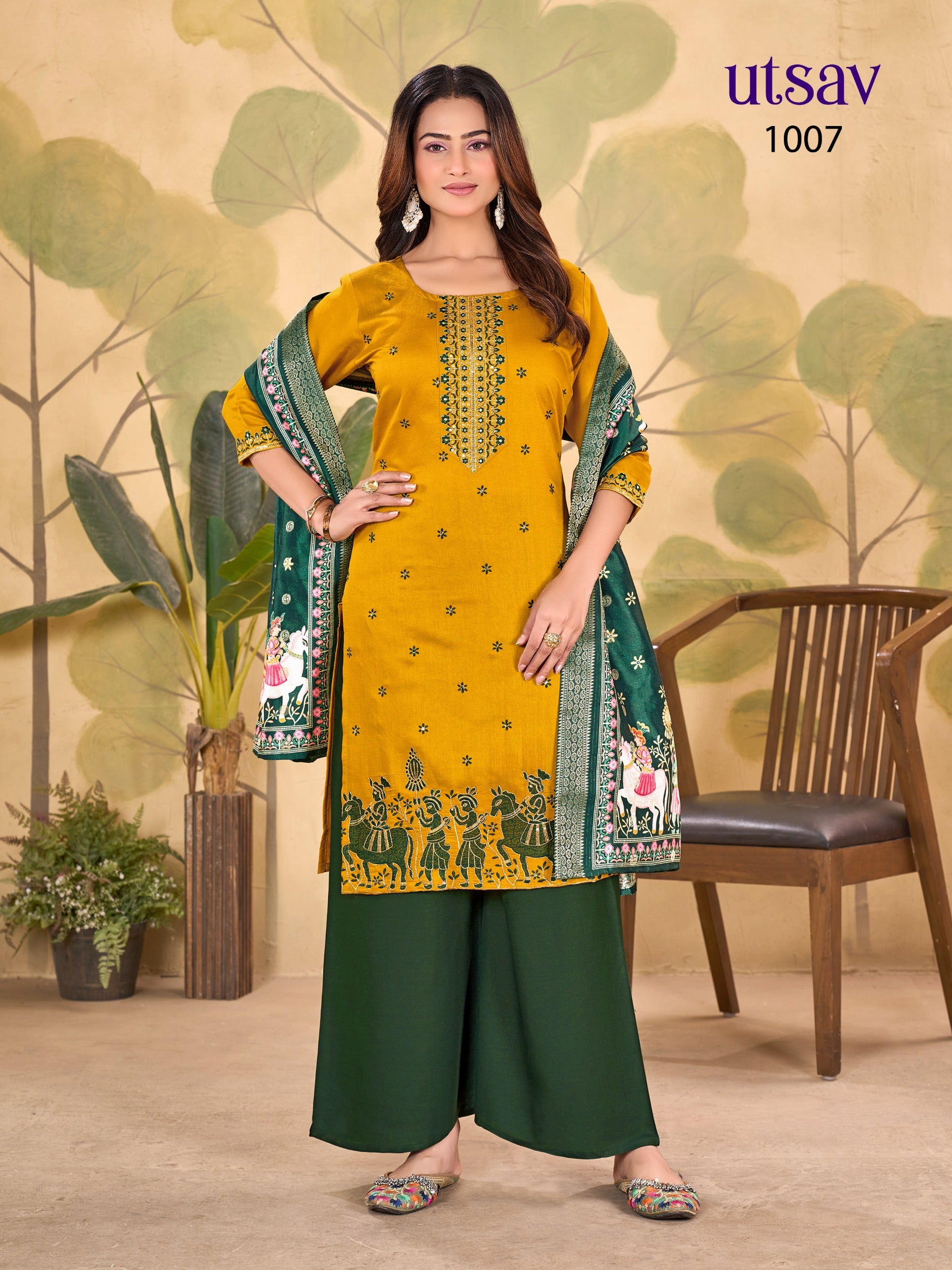 Royal Designer Embroidered Suit Set with Premium Weaving Dupatta (Kurti + Palazzo + Dupatta)