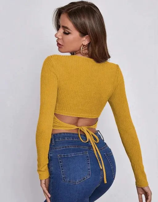 Ribbed Wrap-Tie Back Crop Top for Women – Chic, Stretchy & Ultra-Trendy Fit