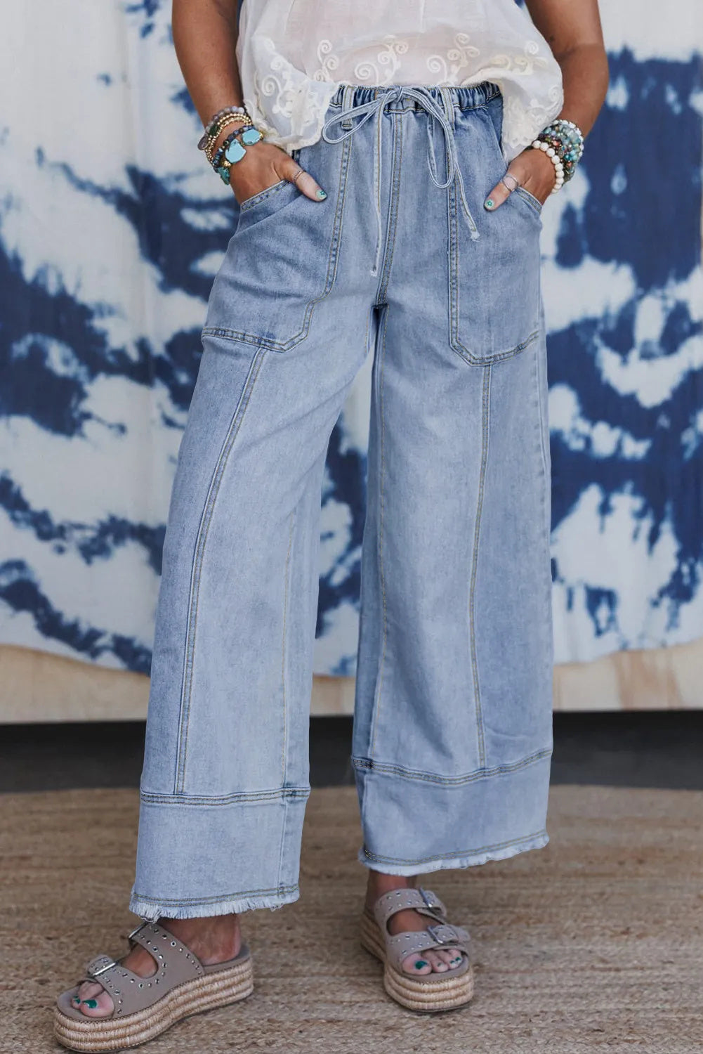 UrbanEase Women’s Wide-Leg Drawstring Denim Pants