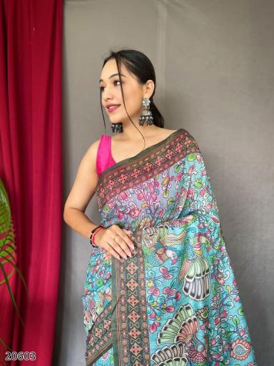 Premium Kalamkari Pattern Malai Cotton Saree – Elegant Designer Look for Women
