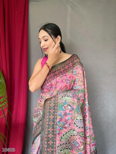 Premium Kalamkari Pattern Malai Cotton Saree – Elegant Designer Look for Women