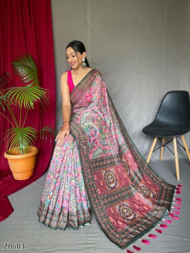 Premium Kalamkari Pattern Malai Cotton Saree – Elegant Designer Look for Women