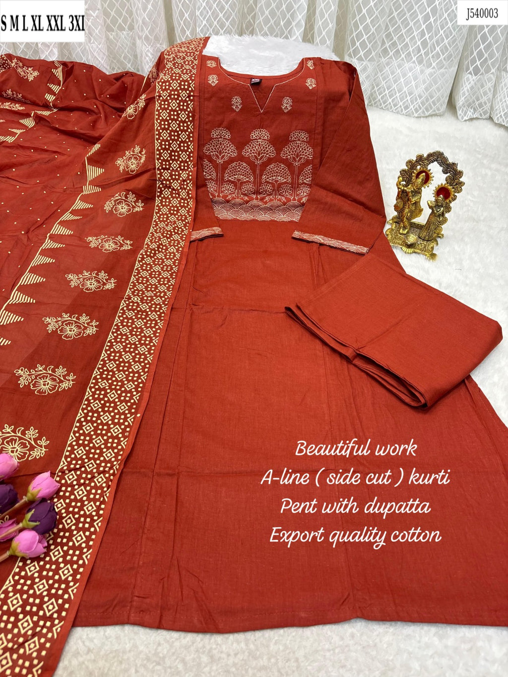 Elegant A-Line Kurti Pant Set with Dupatta – Premium Cotton Collection