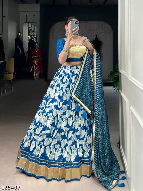 “Royal Navy & Foil Embellished Lehenga – Embossed Print with Lace Accent | Diwali Party Wear”