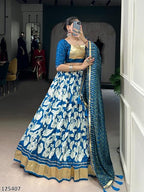 “Royal Navy & Foil Embellished Lehenga – Embossed Print with Lace Accent | Diwali Party Wear”