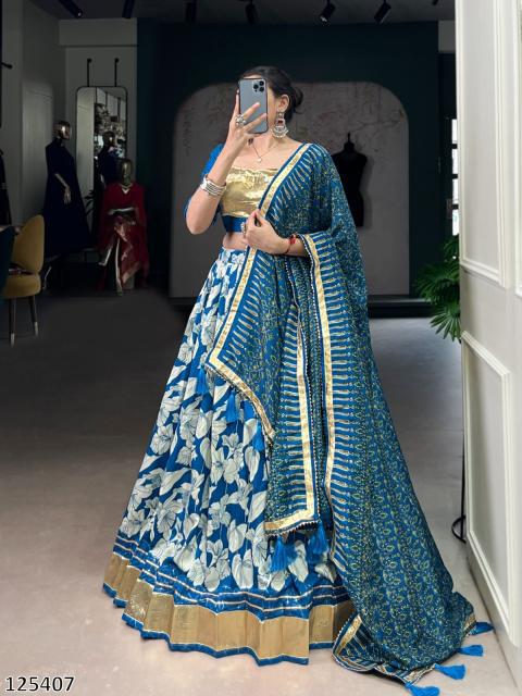 “Royal Navy & Foil Embellished Lehenga – Embossed Print with Lace Accent | Diwali Party Wear”