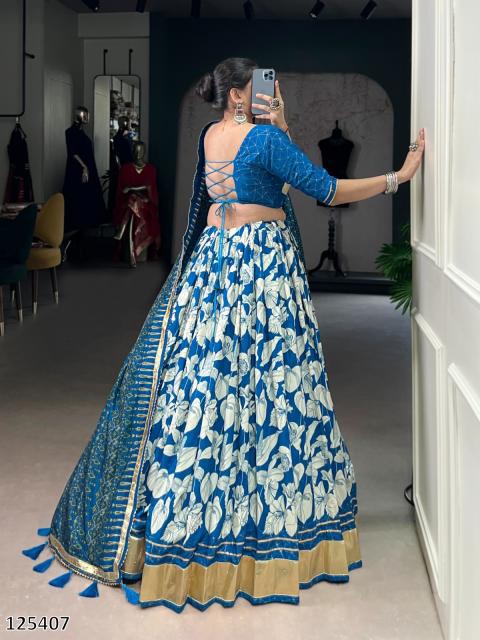 “Royal Navy & Foil Embellished Lehenga – Embossed Print with Lace Accent | Diwali Party Wear”