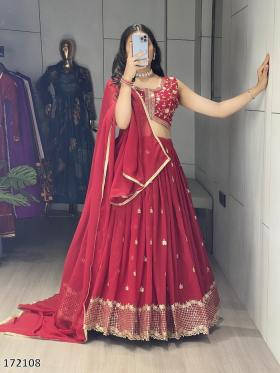 Diwali Special: Heavy Georgette Classical Rani & Marron Embroidered Lehenga – Fully Stitched | 25% OFF