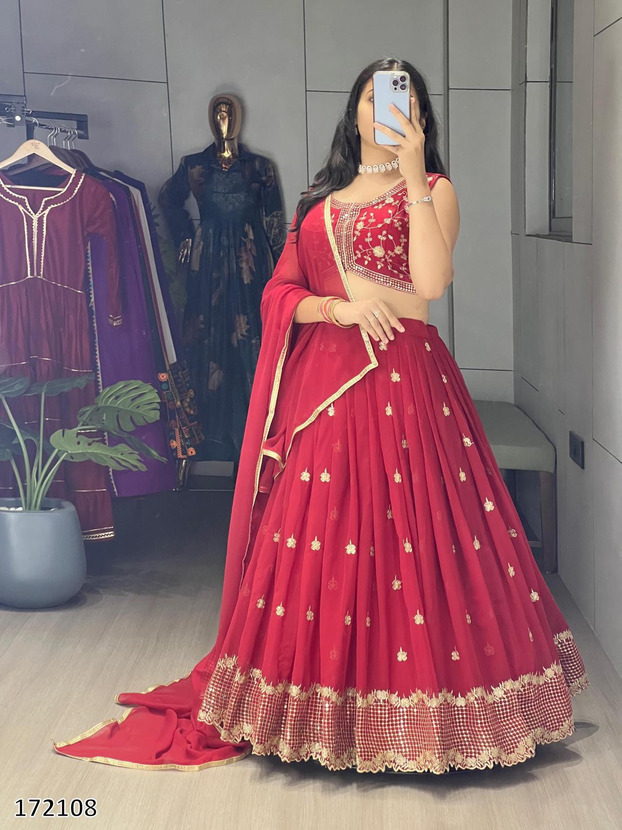 Diwali Special: Heavy Georgette Classical Rani & Marron Embroidered Lehenga – Fully Stitched | 25% OFF