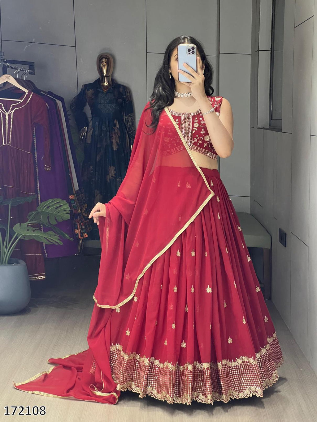 Diwali Special: Heavy Georgette Classical Rani & Marron Embroidered Lehenga – Fully Stitched | 25% OFF