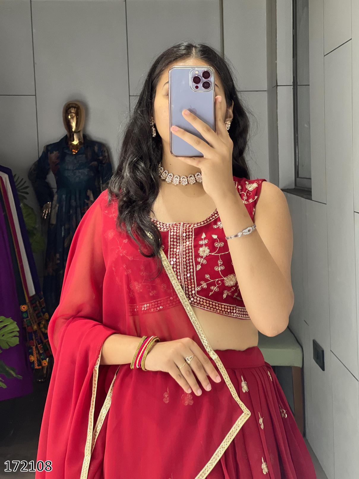 Diwali Special: Heavy Georgette Classical Rani & Marron Embroidered Lehenga – Fully Stitched | 25% OFF