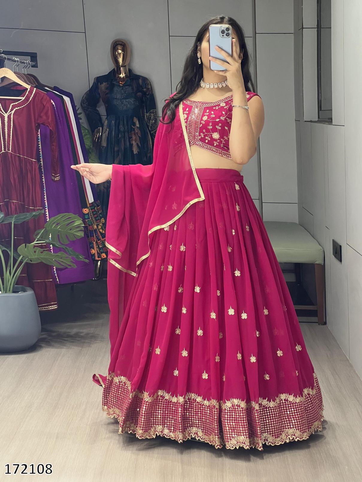 Diwali Special: Heavy Georgette Classical Rani & Marron Embroidered Lehenga – Fully Stitched | 25% OFF