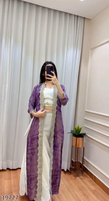 Diwali Drape – Designer Chinon Crop Top, Fusion Drape Skirt & Long Jacket Set