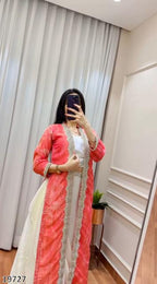 Diwali Drape – Designer Chinon Crop Top, Fusion Drape Skirt & Long Jacket Set