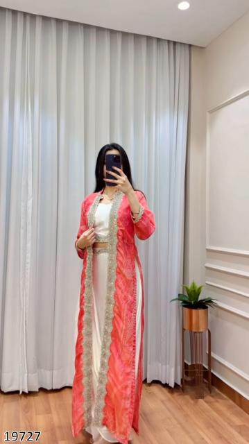 Diwali Drape – Designer Chinon Crop Top, Fusion Drape Skirt & Long Jacket Set