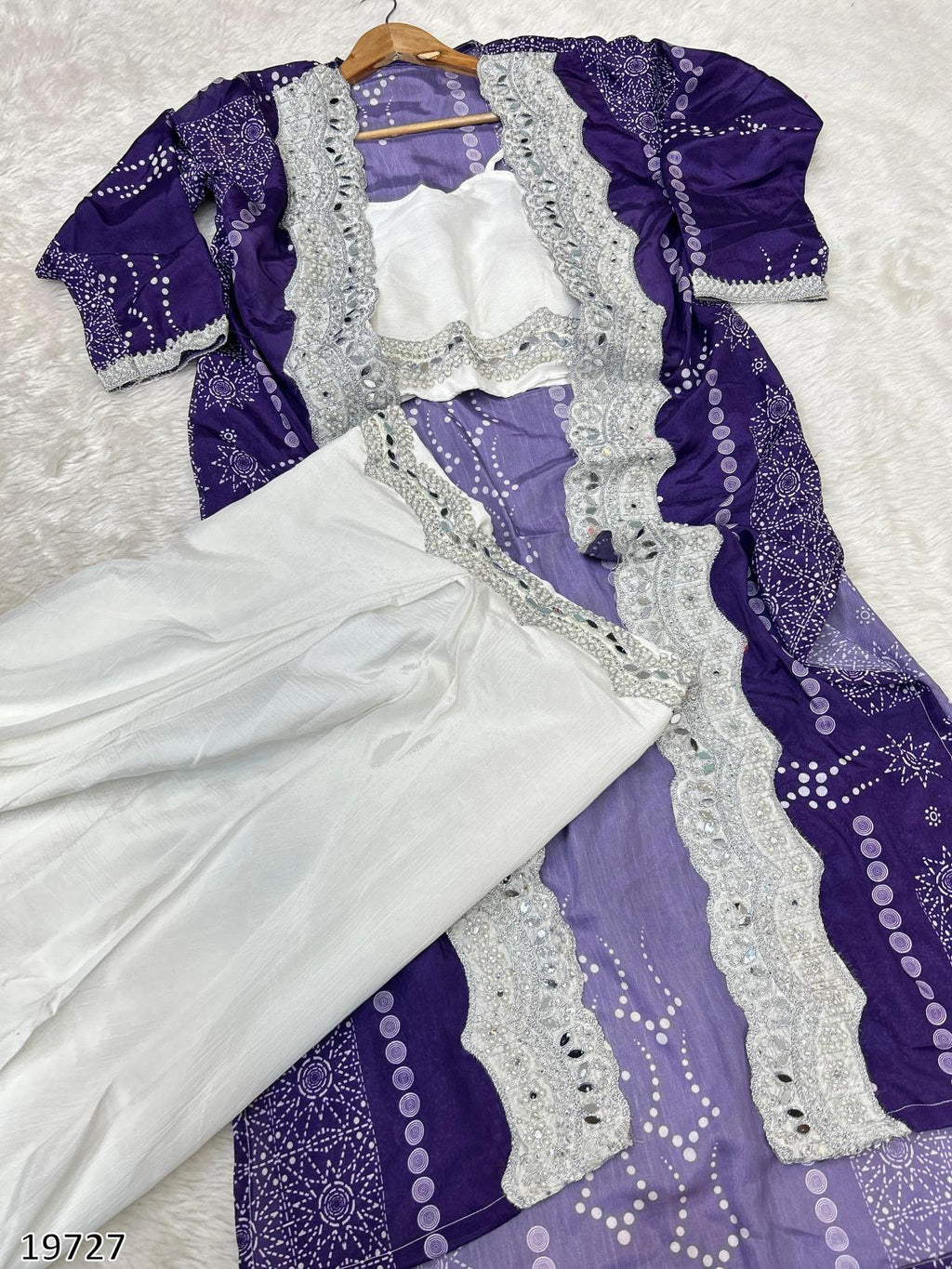 Diwali Drape – Designer Chinon Crop Top, Fusion Drape Skirt & Long Jacket Set