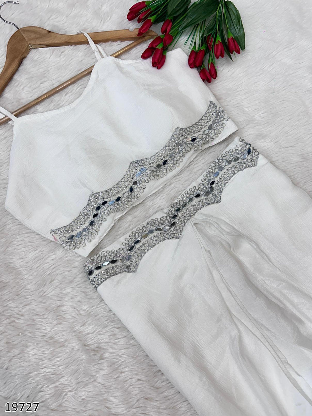 Diwali Drape – Designer Chinon Crop Top, Fusion Drape Skirt & Long Jacket Set