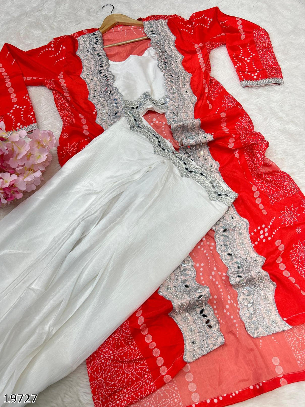 Diwali Drape – Designer Chinon Crop Top, Fusion Drape Skirt & Long Jacket Set