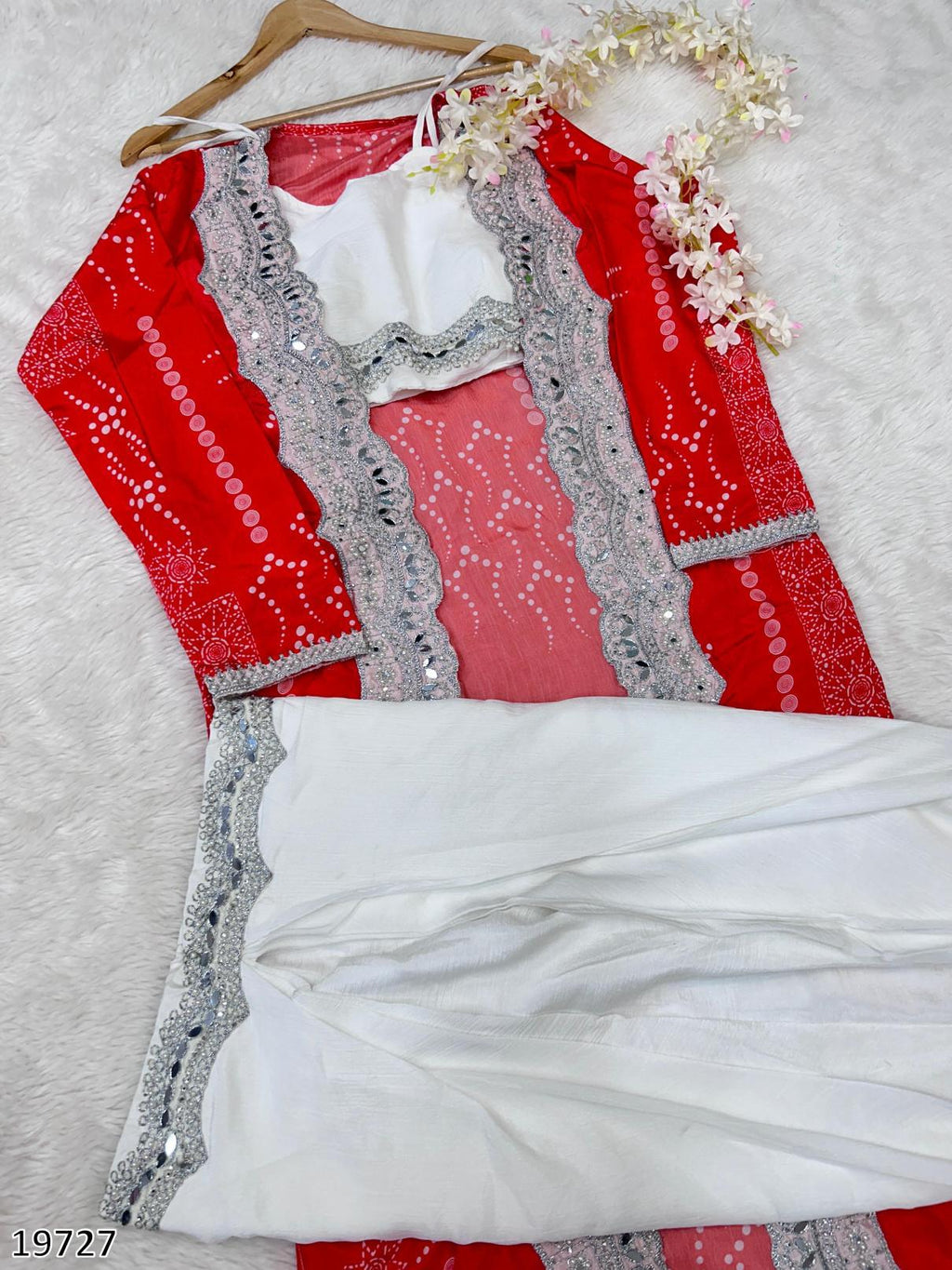 Diwali Drape – Designer Chinon Crop Top, Fusion Drape Skirt & Long Jacket Set