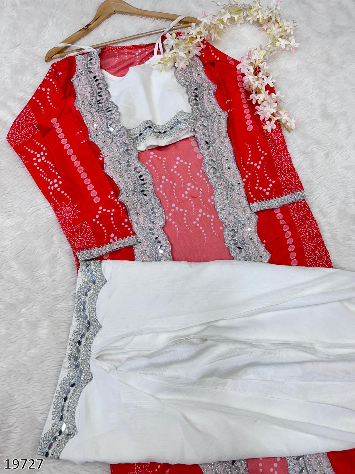 Diwali Drape – Designer Chinon Crop Top, Fusion Drape Skirt & Long Jacket Set