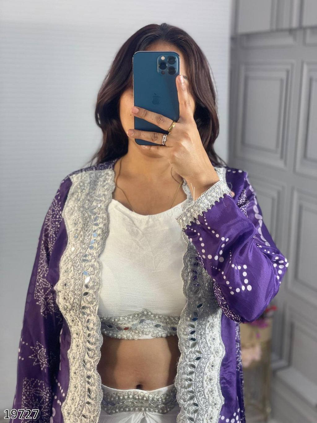 Diwali Drape – Designer Chinon Crop Top, Fusion Drape Skirt & Long Jacket Set