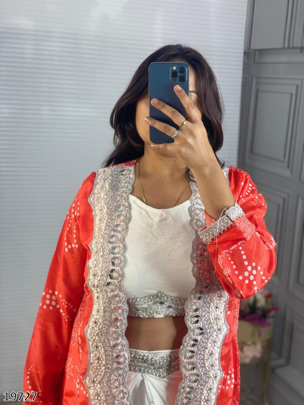 Diwali Drape – Designer Chinon Crop Top, Fusion Drape Skirt & Long Jacket Set